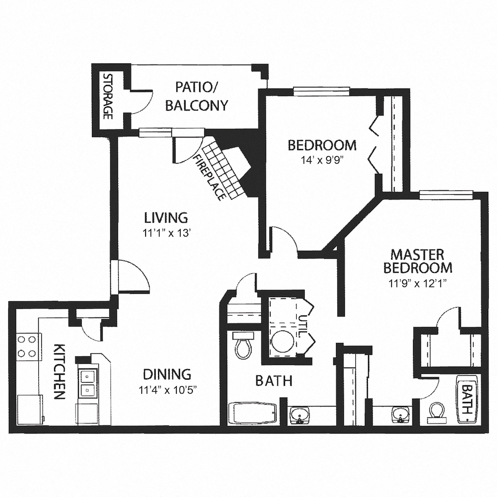 Floor plan for 2 beds, 2 baths, 1020 sqft
